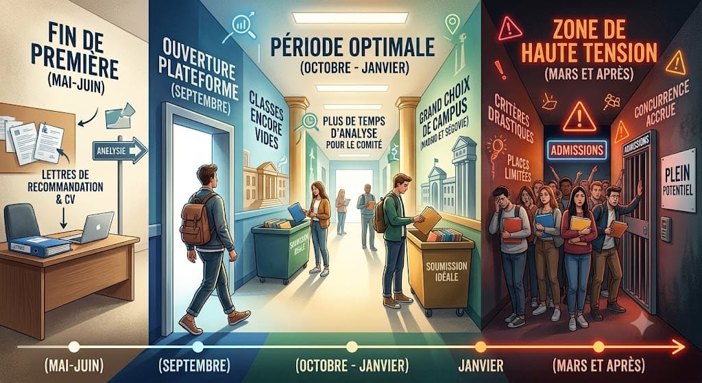 Quand ouvrir son dossier de candidature ? L'ouverture de la plateforme de candidature se fait généralement en septembre pour la rentrée de l'année suivante. Idéalement, un candidat sérieux devrait commencer à préparer ses documents dès la fin de son année de Première. Cela inclut la sollicitation des lettres de recommandation pour l'IE et la mise à jour de son CV. Soumettre son dossier entre octobre et janvier est considéré comme la période optimale. À ce stade, les classes sont encore vides et le comité d'admission dispose de plus de temps pour analyser votre potentiel. C'est aussi le moment où vous aurez le plus de choix concernant le campus (Madrid ou Ségovie), car le campus de la capitale se remplit traditionnellement plus vite. Si vous postulez après le mois de mars, vous entrez dans une zone de haute tension. Bien que l'admission reste possible jusqu'en juin ou juillet, les critères deviennent drastiques. 