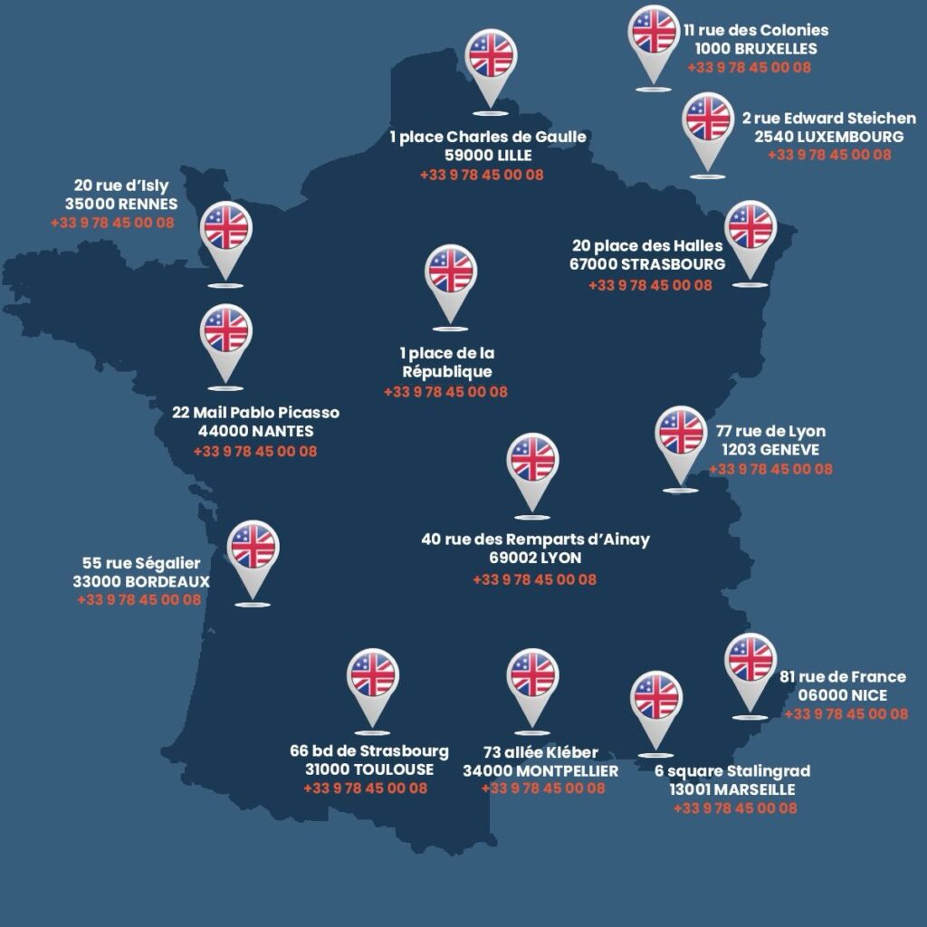 Nos centres de formationà Paris, Lyon, Marseille, Toulouse, Lille, Nice, Bordeaux, Rennes, Bruxelles, Genève, Luxembourg