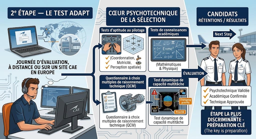 2ᵉ étape — Le test ADAPT Journée d'évaluation, à distance ou sur un site CAE en Europe Le test ADAPT est le cœur psychotechnique de la sélection. Cette journée d'évaluation sur ordinateur comprend : des tests d'aptitude au pilotage (coordination œil-main, motricité, perception spatiale), des tests de connaissances académiques en mathématiques et en physique, un questionnaire à choix multiples de raisonnement technique et un test dynamique de capacité multitâche. C'est l'étape la plus discriminante du processus — et celle qui se prépare le plus efficacement en amont.