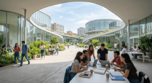 Campus moderne Bocconi avec étudiants en groupe