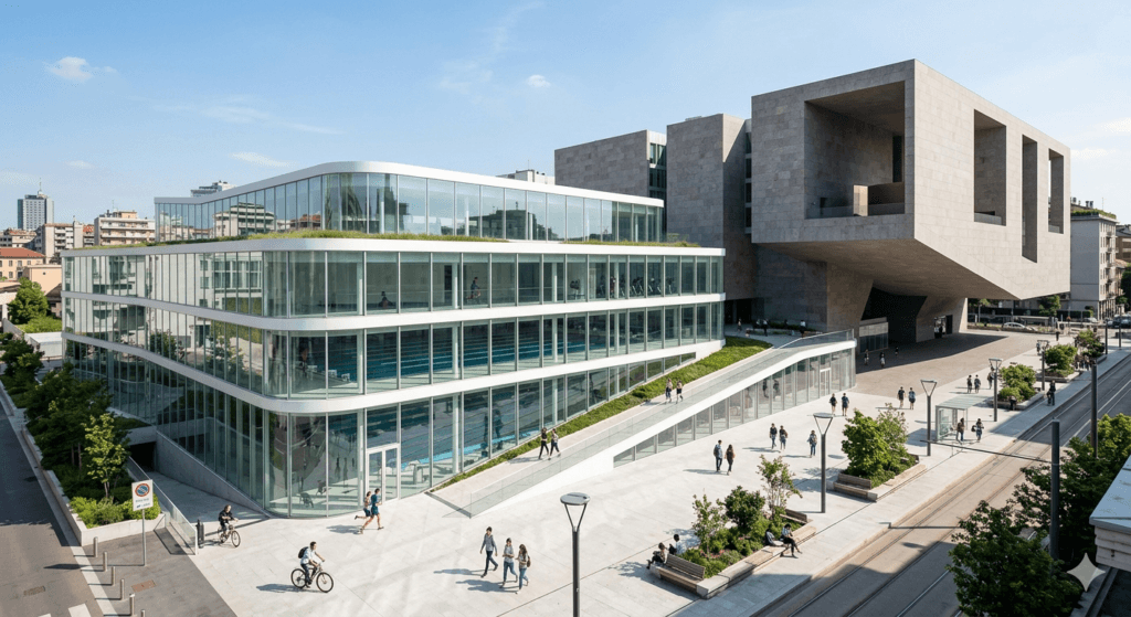 Architecture moderne de l'Université Bocconi à Milan avec le centre sportif et le bâtiment Via Roentgen, campus d'excellence pour étudiants en économie.