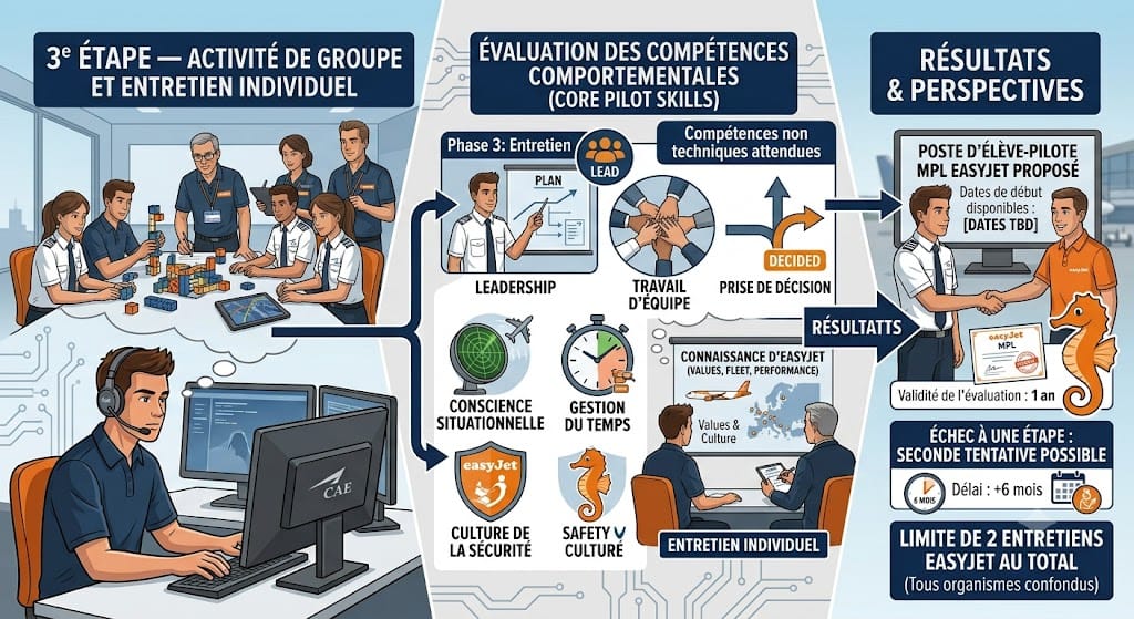 3ᵉ étape — Activité de groupe et entretien individuel Évaluation des compétences comportementales La dernière étape comprend des exercices de groupe en équipe et un entretien individuel. Les évaluateurs y mesurent les compétences non techniques attendues d'un pilote de ligne : leadership, travail d'équipe, prise de décision, conscience situationnelle, gestion du temps et culture de la sécurité — ainsi que la connaissance qu'a le candidat d'EasyJet (valeurs, bases, flotte, performance opérationnelle). En cas de réussite, un poste d'élève-pilote MPL chez EasyJet est proposé, et un conseiller en formation communique les dates de début disponibles. Les résultats d'évaluation restent valides pendant un an. En cas d'échec à une étape, une seconde et unique tentative est possible après un délai de six mois, dans la limite de deux entretiens EasyJet au total, tous organismes de formation confondus.