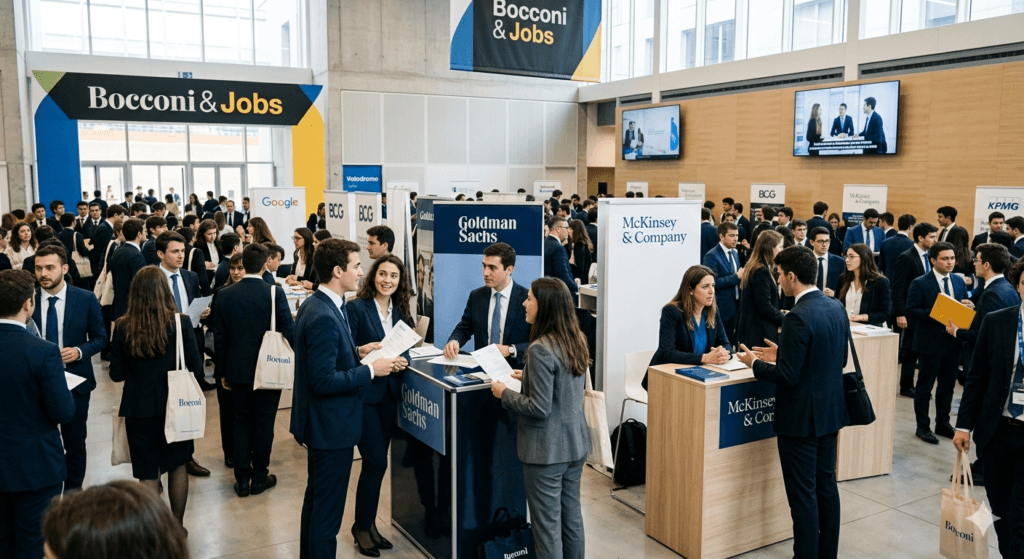 Étudiants de l'Université Bocconi travaillant en groupe sur le nouveau campus moderne à Milan.